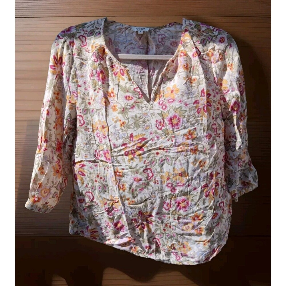 Marina Luna Womans Top Blouse Fall Floral Size Small S Thin Cream Yellow Autumn